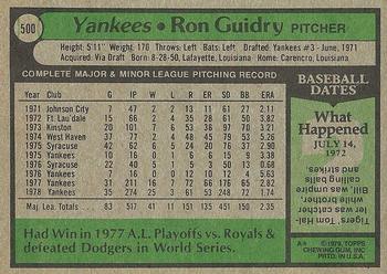 1979 Topps #500 Ron Guidry Back