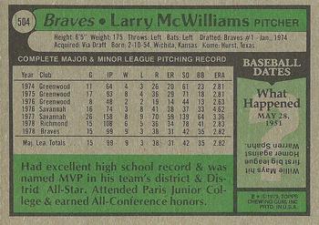 1979 Topps #504 Larry McWilliams Back
