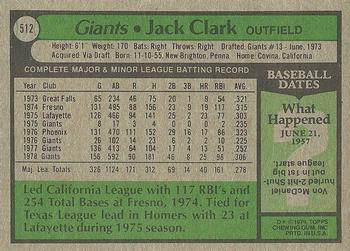 1979 Topps #512 Jack Clark Back