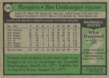 1979 Topps #518 Jim Umbarger Back