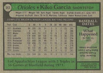 1979 Topps #543 Kiko Garcia Back