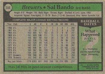 1979 Topps #550 Sal Bando Back