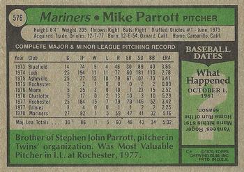 1979 Topps #576 Mike Parrott Back