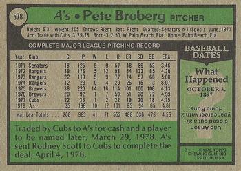 1979 Topps #578 Pete Broberg Back