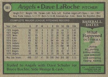 1979 Topps #601 Dave LaRoche Back
