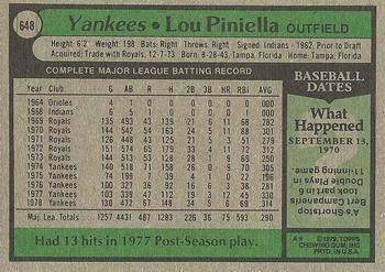 1979 Topps #648 Lou Piniella Back