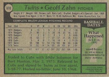 1979 Topps #678 Geoff Zahn Back