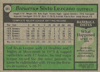 1979 Topps #685 Sixto Lezcano Back