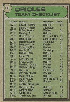 1979 Topps #689 Baltimore Orioles / Earl Weaver Back