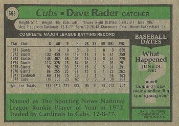 1979 Topps #693 Dave Rader Back