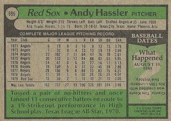 1979 Topps #696 Andy Hassler Back