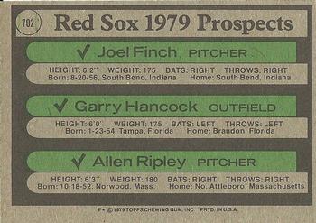 1979 Topps #702 Red Sox 1979 Prospects (Joel Finch / Garry Hancock / Allen Ripley) Back