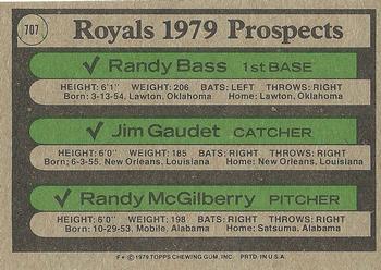 1979 Topps #707 Royals 1979 Prospects (Randy Bass / Jim Gaudet / Randy McGilberry) Back