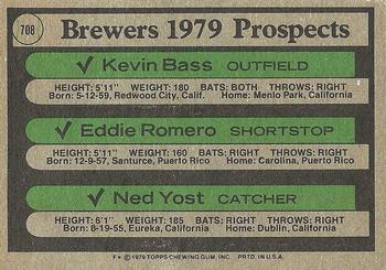 1979 Topps #708 Brewers 1979 Prospects (Kevin Bass / Eddie Romero / Ned Yost) Back