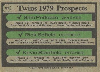 1979 Topps #709 Twins 1979 Prospects (Sam Perlozzo / Rick Sofield / Kevin Stanfield) Back