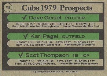 1979 Topps #716 Cubs 1979 Prospects (Dave Geisel / Karl Pagel / Scot Thompson) Back