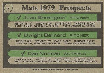 1979 Topps #721 Mets 1979 Prospects (Juan Berenguer / Dwight Bernard / Dan Norman) Back