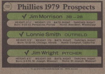 1979 Topps #722 Phillies 1979 Prospects (Jim Morrison / Lonnie Smith / Jim Wright) Back