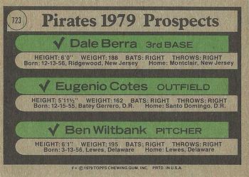 1979 Topps #723 Pirates 1979 Prospects (Dale Berra / Eugenio Cotes / Ben Wiltbank) Back