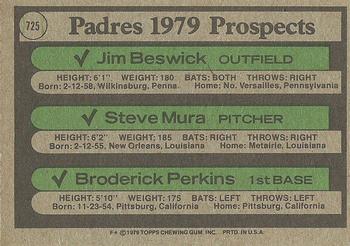 1979 Topps #725 Padres 1979 Prospects (Jim Beswick / Steve Mura / Broderick Perkins) Back