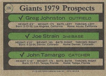 1979 Topps #726 Giants 1979 Prospects (Greg Johnston / Joe Strain / John Tamargo) Back