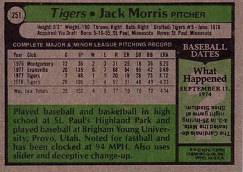 1979 Topps #251 Jack Morris Back
