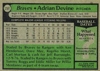 1979 Topps #257 Adrian Devine Back