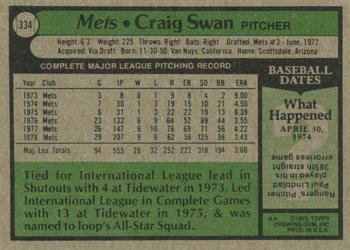 1979 Topps #334 Craig Swan Back