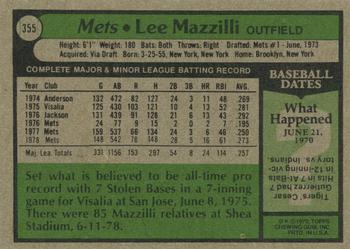 1979 Topps #355 Lee Mazzilli Back