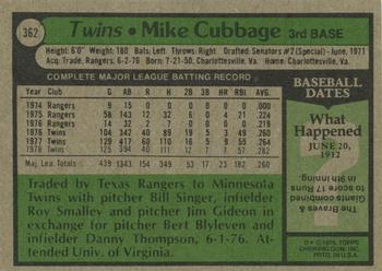 1979 Topps #362 Mike Cubbage Back