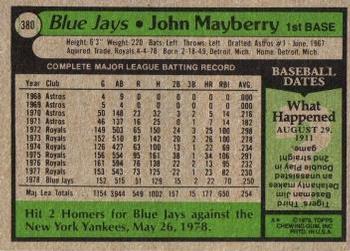 1979 Topps #380 John Mayberry Back