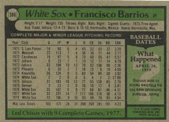1979 Topps #386 Francisco Barrios Back