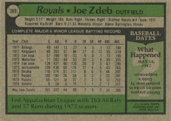 1979 Topps #389 Joe Zdeb Back