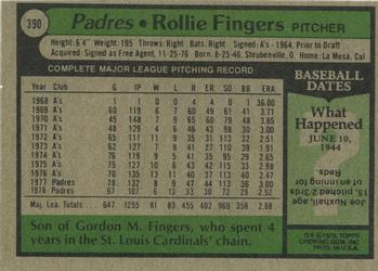 1979 Topps #390 Rollie Fingers Back