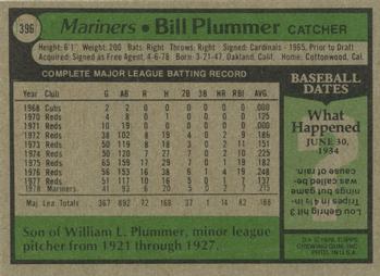 1979 Topps #396 Bill Plummer Back