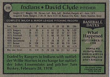 1979 Topps #399 David Clyde Back