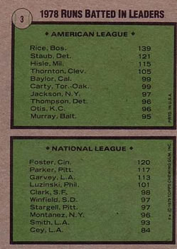 1979 Topps #3 1978 RBI Leaders (Jim Rice / George Foster) Back
