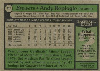 1979 Topps #427 Andy Replogle Back