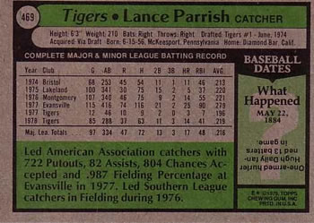 1979 Topps #469 Lance Parrish Back