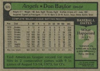 1979 Topps #635 Don Baylor Back