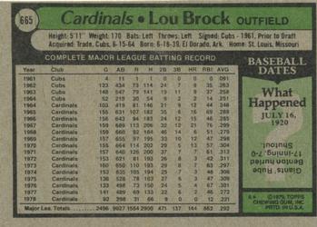 1979 Topps #665 Lou Brock Back