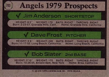 1979 Topps #703 Angels 1979 Prospects (Jim Anderson / Dave Frost / Bob Slater) Back