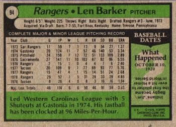 1979 Topps #94 Len Barker Back