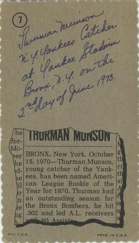 1974 Topps Deckle #7 Thurman Munson Back