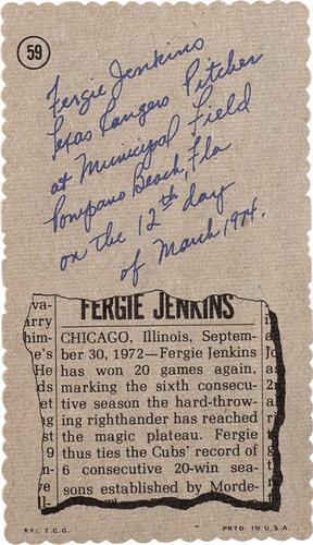 1974 Topps Deckle #59 Fergie Jenkins Back