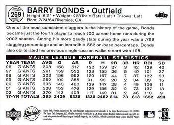 2003 Upper Deck Vintage #269 Barry Bonds Back