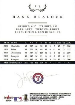2004 Fleer InScribed #72 Hank Blalock Back