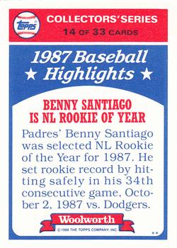 1988 Topps Woolworth Baseball Highlights #14 Benny Santiago Back