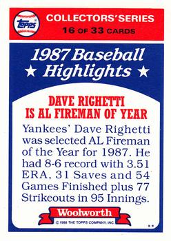1988 Topps Woolworth Baseball Highlights #16 Dave Righetti Back
