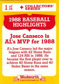 1989 Topps Woolworth Baseball Highlights #1 Jose Canseco Back